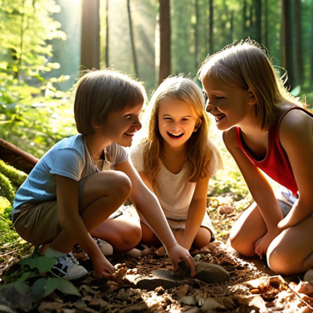 **A group of Polish children joyfully searching for hidden natural treasures in a sun-dappled forest. Focus on their expressions of wonder and teamwork as they examine a heart-shaped leaf and a stone with a hole. The scene should evoke a sense of playful exploration and connection with nature. Golden hour lighting.**