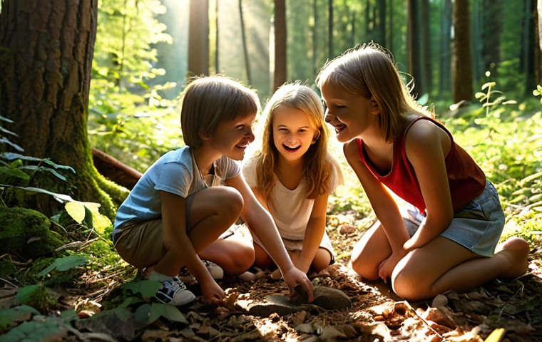 **A group of Polish children joyfully searching for hidden natural treasures in a sun-dappled forest. Focus on their expressions of wonder and teamwork as they examine a heart-shaped leaf and a stone with a hole. The scene should evoke a sense of playful exploration and connection with nature. Golden hour lighting.**