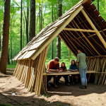 Children happily building a forest shelter in a sun-dappled Polish forest, educator supervising, showcasing teamwork and nature interaction.
