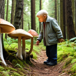 **A child exploring a forest with their grandfather, learning about mushrooms and plants. Focus on a warm, nostalgic atmosphere, emphasizing the bond between generations and the beginning of ecological awareness. Include Polish forest elements.**