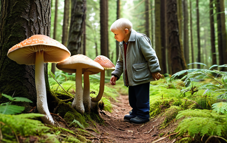 **A child exploring a forest with their grandfather, learning about mushrooms and plants. Focus on a warm, nostalgic atmosphere, emphasizing the bond between generations and the beginning of ecological awareness. Include Polish forest elements.**