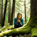 **Prompt:** A serene and immersive scene depicting diverse individuals of all ages engaged in "shinrin-yoku" (forest bathing) within a lush, ancient Polish forest. Soft sunlight filters through towering, verdant trees, illuminating a peaceful atmosphere. Focus on sensory details: a person gently touching moss, another deeply inhaling the forest air with closed eyes, a child curiously observing a mushroom. The image should convey deep psycho-emotional well-being, a sense of belonging, and a quiet retreat from digital overload. Realistic, tranquil, high detail.