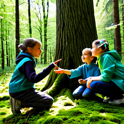 A diverse group of curious children, fully clothed in modest outdoor adventure attire, are actively exploring a sun-dappled Polish temperate forest. A professional female outdoor educator, dressed in appropriate professional outdoor gear, points towards a tall oak tree, engaging the children in a discussion. Some children are kneeling to examine moss on the forest floor, displaying natural, curious poses. The scene is captured with professional photography, showcasing the vibrant green foliage, dappled sunlight, and rich textures of the forest environment. The image features perfect anatomy, correct proportions, well-formed hands, and proper finger count, ensuring natural body proportions. This is safe for work, appropriate content, and family-friendly.