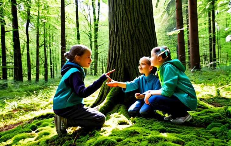 A diverse group of curious children, fully clothed in modest outdoor adventure attire, are actively exploring a sun-dappled Polish temperate forest. A professional female outdoor educator, dressed in appropriate professional outdoor gear, points towards a tall oak tree, engaging the children in a discussion. Some children are kneeling to examine moss on the forest floor, displaying natural, curious poses. The scene is captured with professional photography, showcasing the vibrant green foliage, dappled sunlight, and rich textures of the forest environment. The image features perfect anatomy, correct proportions, well-formed hands, and proper finger count, ensuring natural body proportions. This is safe for work, appropriate content, and family-friendly.